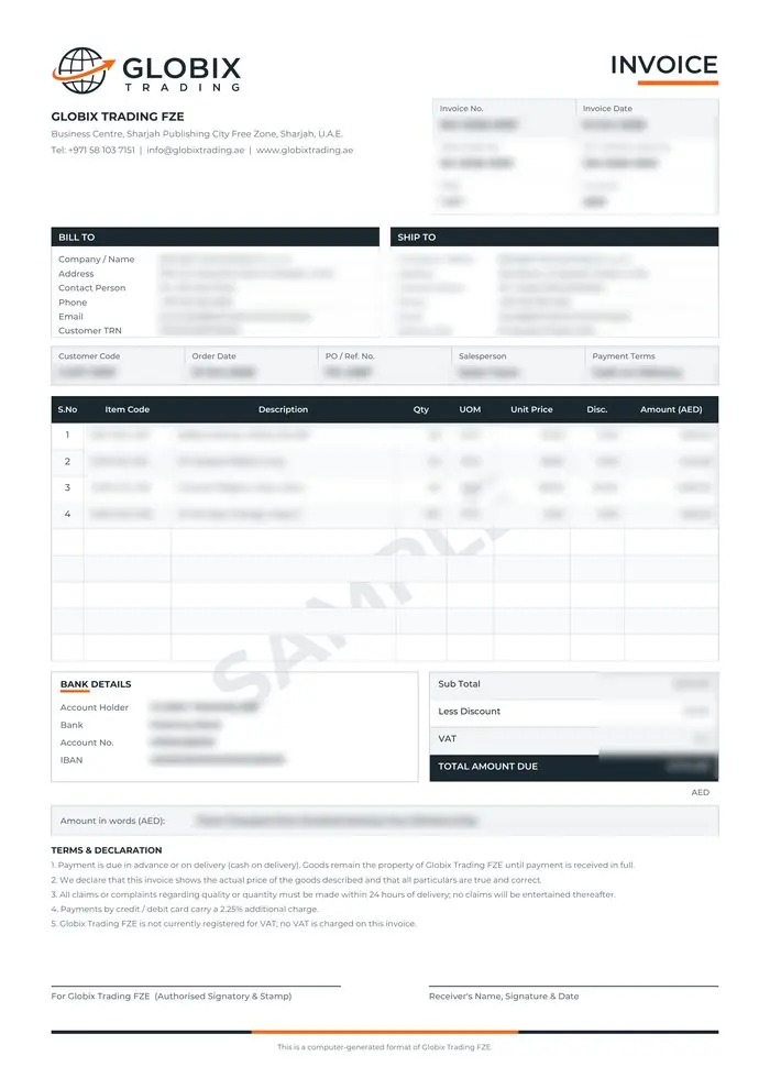 Globix invoice layout with the logo, header, sections and terms visible and all sample details blurred