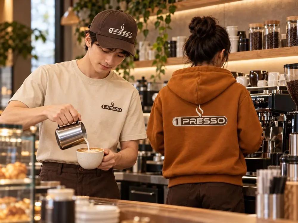 Two baristas wearing the 1PRESSO T-shirt, cap and hoodie in a café
