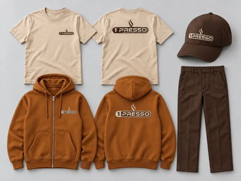 1PRESSO uniform set: beige T-shirt, brown cap, rust hoodie, brown trousers, front and back