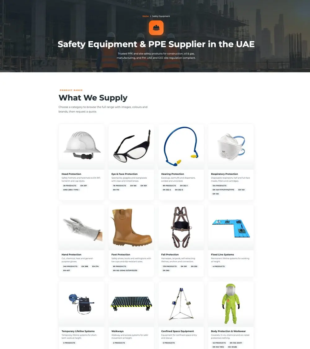 Globix Trading safety equipment page: a grid of PPE categories with product photos