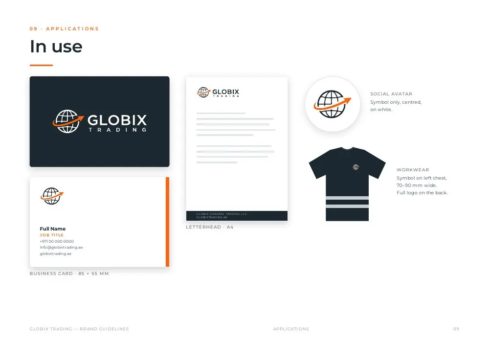 Globix brand guidelines: logo in use on business card, letterhead, sticker and T-shirt