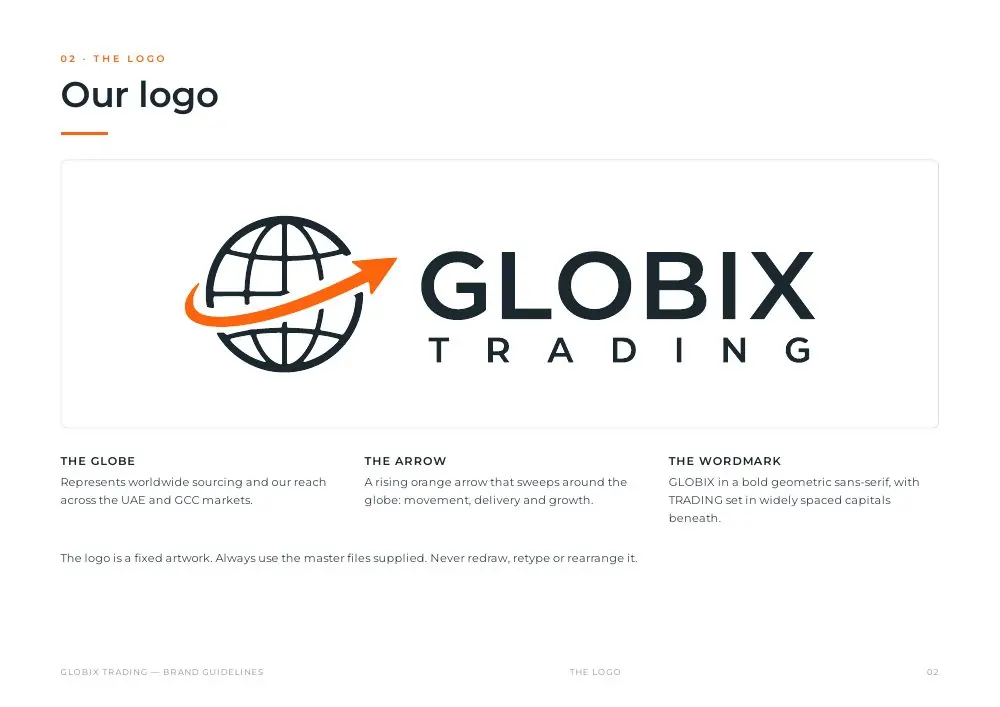 Globix brand guidelines: the logo, a globe with an orange arrow and the GLOBIX TRADING wordmark