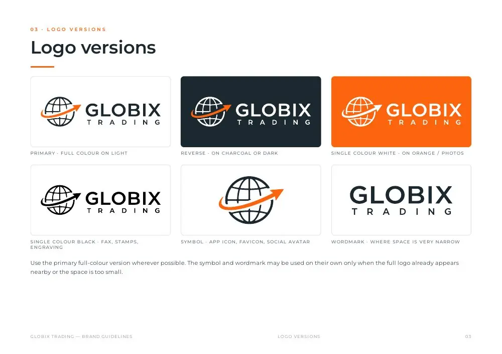 Globix brand guidelines: six logo versions on light, dark and orange
