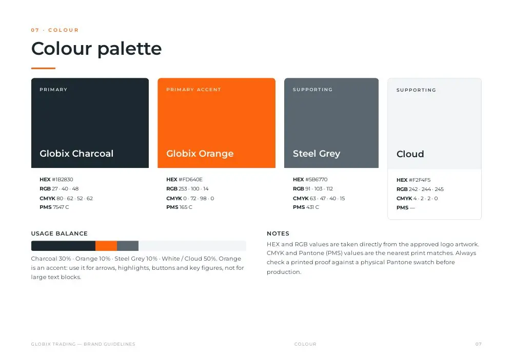Globix brand guidelines: charcoal, orange, steel grey and cloud colour palette
