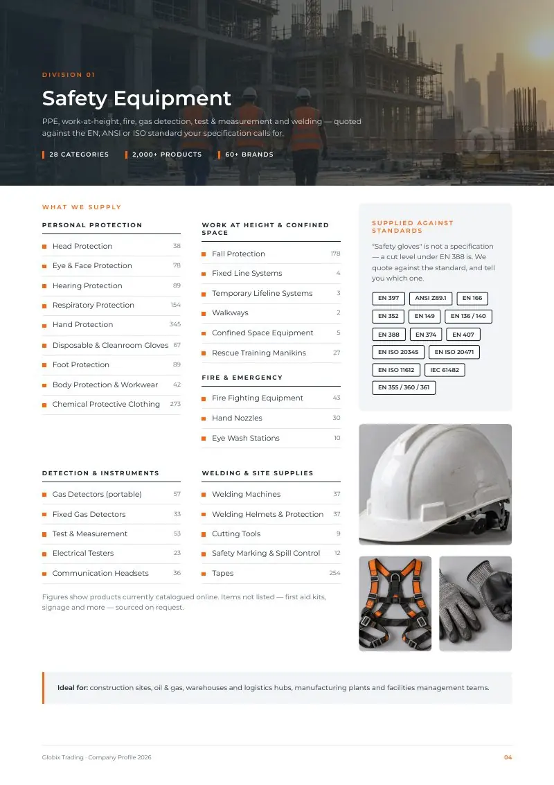 Globix company profile page: safety equipment division
