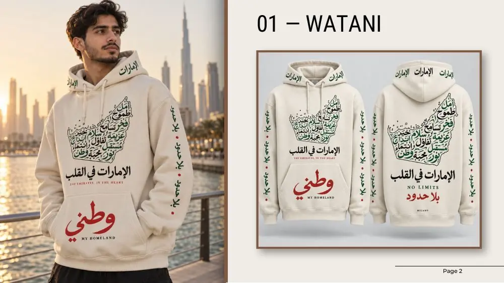 Watani hoodie: cream hoodie with Arabic calligraphy map artwork, on model and flat