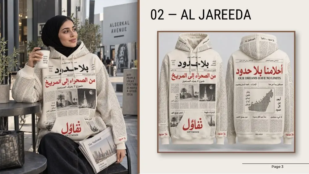 Al Jareeda hoodie: newspaper-print hoodie with Arabic headlines