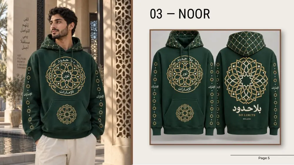Noor hoodie: dark green hoodie with gold geometric pattern