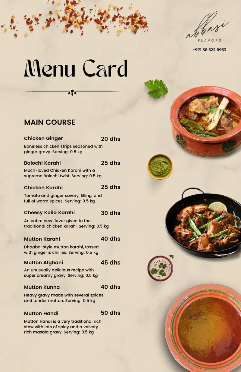 Abbasi Flavors menu card page: Main Course, with chicken and mutton karahi dishes, serving sizes and prices