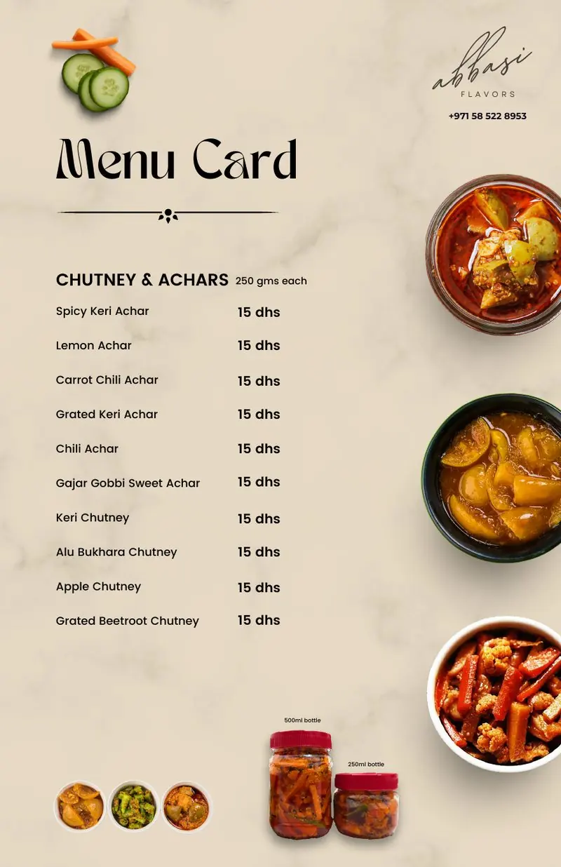 Abbasi Flavors menu card page: Chutney and Achars, 250 grams each, with jar photos