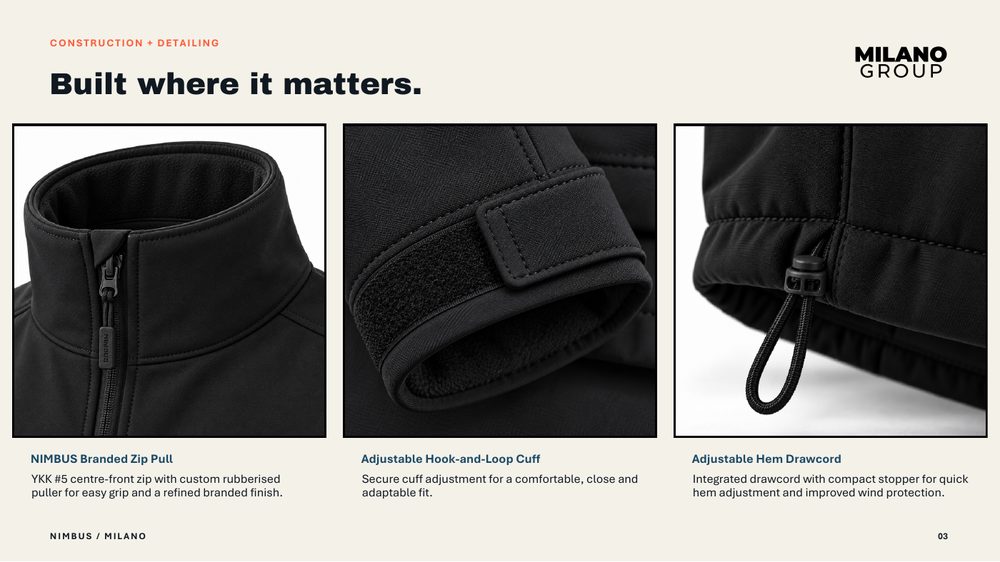 Nimbus slide: zip pull, adjustable cuff and hem drawcord details