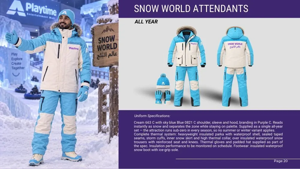 Uniform concept for snow world attendants in light blue and white